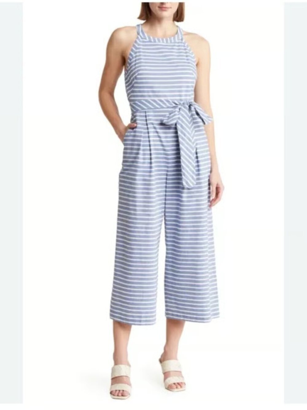Eliza J Blue & White Striped Cropped Jumpsuit Halter Neck Tie Belt Size 6